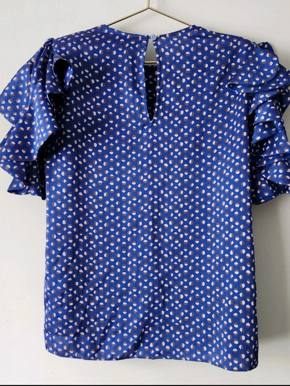 Kate Spade Blue Blouse Geo Dot Ruffle Sleeve  Corpcore Office Size XS Romantic